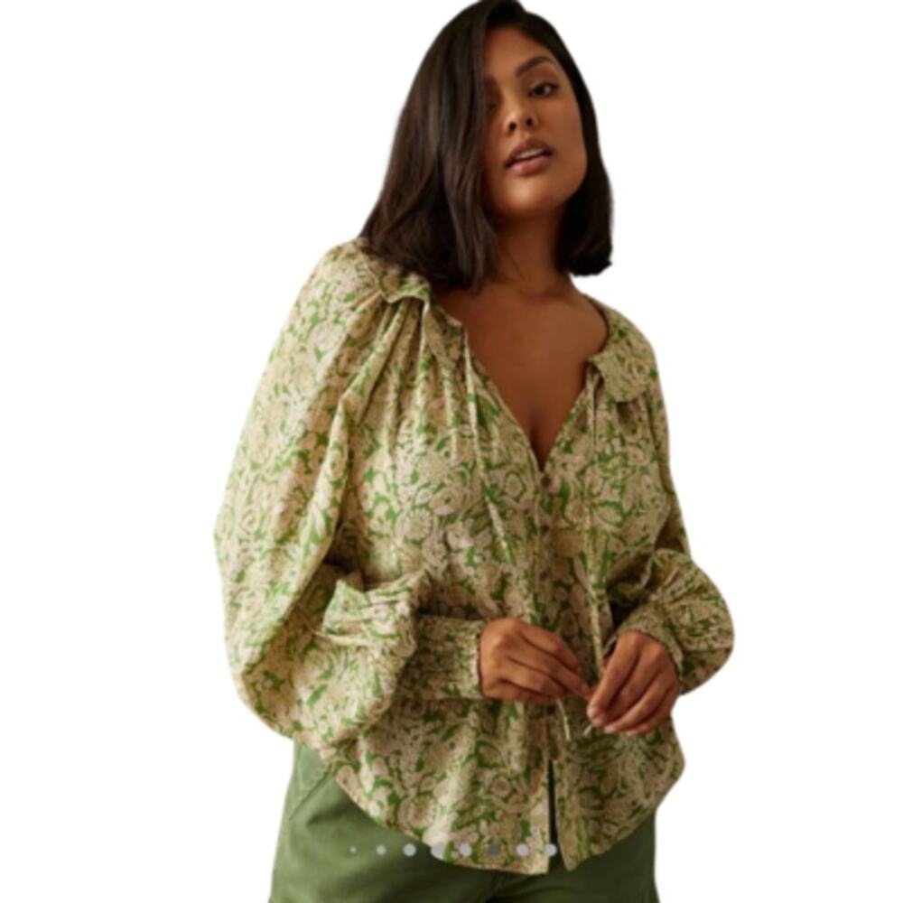 Anthropologie Long Sleeve Peasant Top Green Pink Floral Size Medium